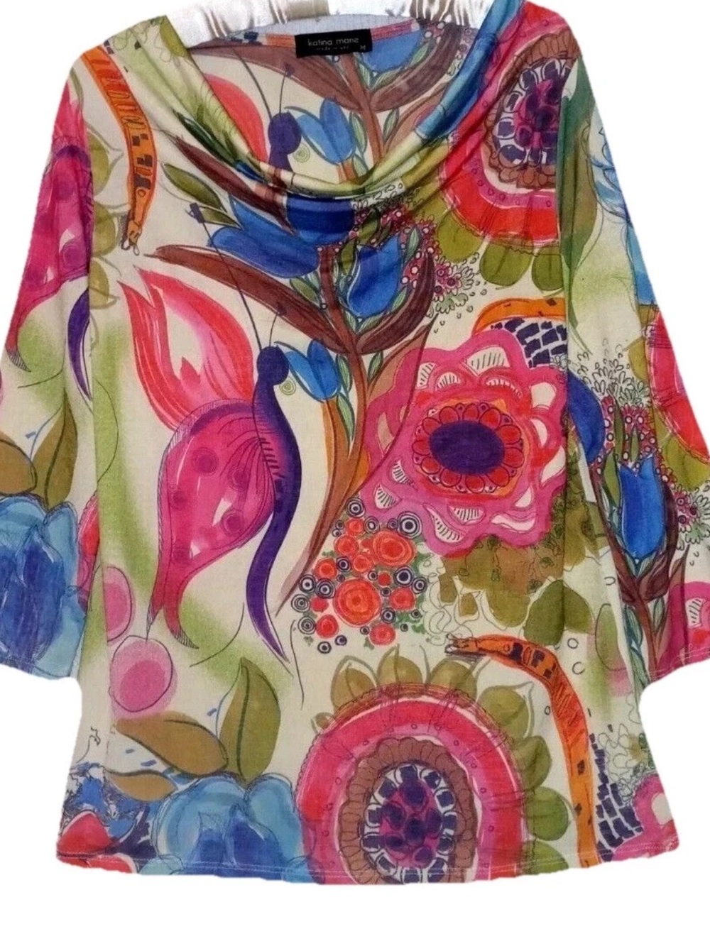 Katina Marie Top M Floral Print Stretch Knit Draped Neckline Shirt Womens Medium